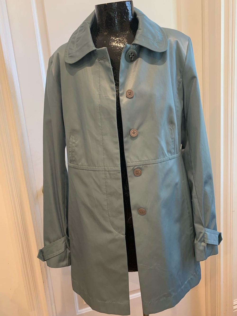 Classic Light Teal Women's mid length Trench Coat by Jones New York.